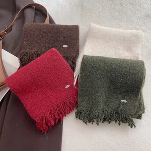 Women Korean Style Wool Blend Knitted Scarf Winter Warm Soft Thick Neck Warmer With Tassels Sequins And Metal Label Solid Color Scarf