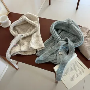 Knitted beige and blue Balaclava hood scarf with ribbed wool texture and button closure