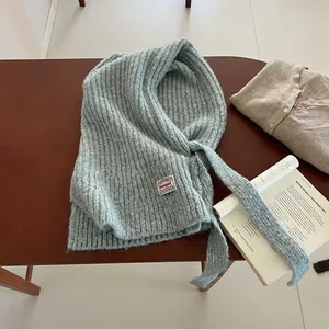 Flat lay of light blue knit balaclava with brand label on a wooden desk with a book