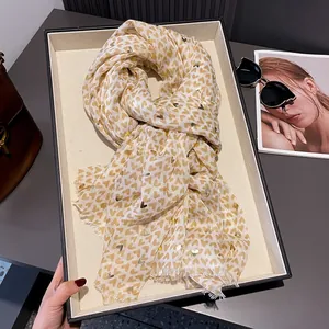 Women Cotton Linen Feel Heart Pattern Scarf Gold Stamping Heart Print Shawl Lightweight Wrap With Tassels Casual Accessory