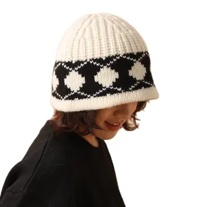 Nordic vintage wool knit bucket hat with black and white argyle pattern for winter