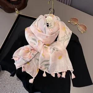 Light pink cotton linen scarf with floral print and fringe tassels for spring summer