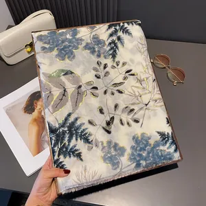 Women Botanical Leaf Print Scarf Cotton Linen Shawl With Gold Foil Stamping Fringed Wrap For Travel Beach Sun Protection