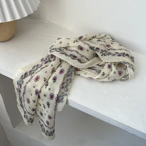 Elegant floral pleated long scarf in off-white with pink blossoms for sun protection