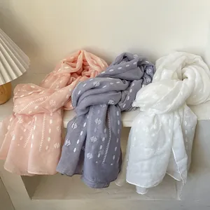 Ethnic white cotton linen scarf with embroidery for beach sun protection in three colors
