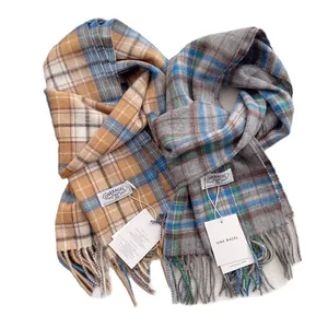 Classic British plaid 100% wool scarves with fringe detail in grey and camel tones