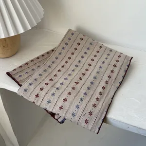 Retro cotton floral scarf with blue and burgundy patterns and burgundy stitched edges