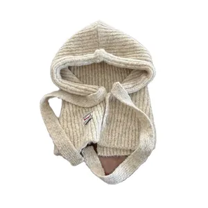 Knitted balaclava hood scarf in apricot wool blend with button detail and rib texture
