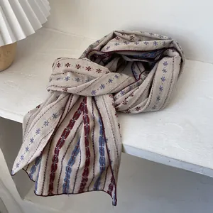 Japanese retro floral cotton scarf for women in brown and coffee tones for autumn winter