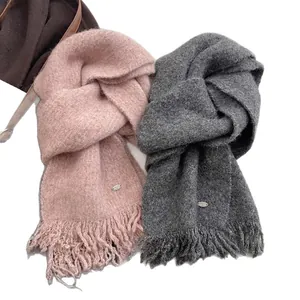 Pink and dark grey wool blend knitted winter scarves with tassels and metal plate