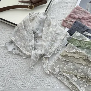 Floral embroidery lace scarf in assorted colors on neutral background overview