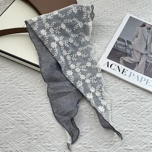 Chic grey lace triangle scarf with white floral embroidery and wavy scalloped edges