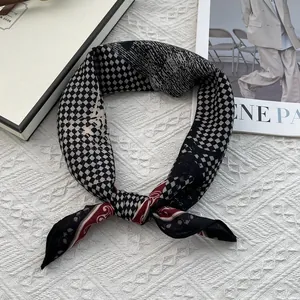 French vintage style checkerboard cotton linen scarf with red floral patterns