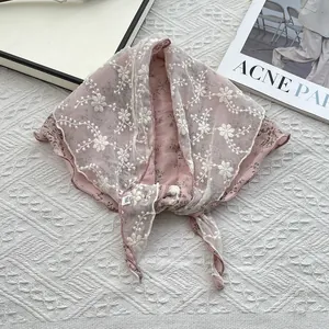 Pink floral cotton linen neck scarf with elegant white lace embroidery and scalloped edges