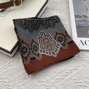 Classic paisley pattern cotton linen square scarf in vintage brown and grey tones