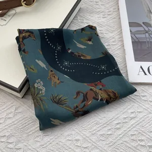 Detailed view of paisley cotton linen scarf with Western cowboy prints on twill fabric