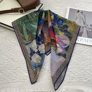 Detailed iris floral silk scarf with artistic oil painting print and geometric border