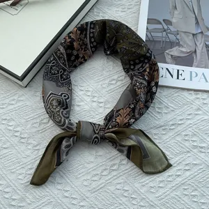 Detail of soft cotton-linen square scarf with vintage paisley and baroque patterns
