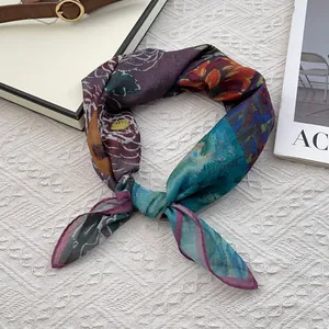 Detail of silk cotton scarf with abstract purple and teal oil painting pattern