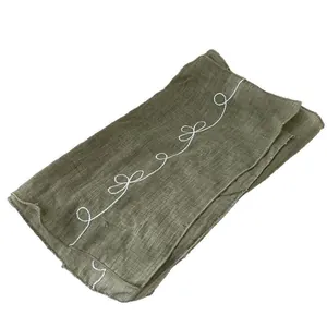 Vintage olive green long scarf with white wavy embroidery and soft cotton linen texture