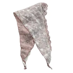 Floral cotton linen triangle scarf with delicate white lace embroidery and ruffled edges