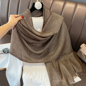 Bronze gold cotton linen shawl with shimmering pleats and fringe detail for women