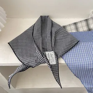 Soft pure cotton plaid triangle scarf set in black, blue and grey patterns for women