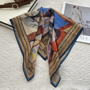 Detail of oil painting style silk scarf with bird and floral print on white cloth