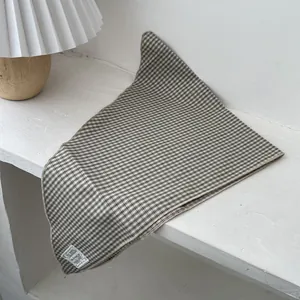 Vintage checked cotton-linen triangle headscarf in tan and black with side label