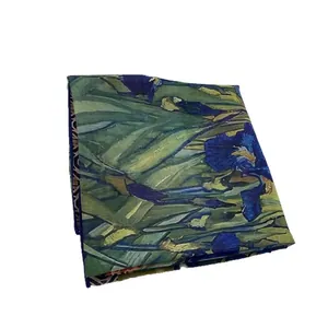 Artistic Van Gogh Iris print silk cotton square scarf with vibrant blue and green floral patterns