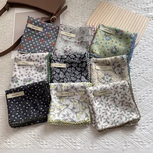 Floral cotton neck scarves set with delicate lace edges and vintage printed patterns