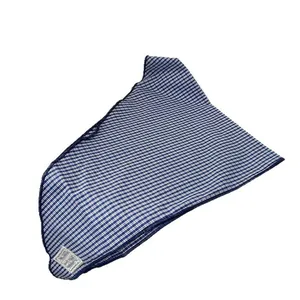 Blue and white plaid cotton triangle headscarf with dark blue edge and woven label