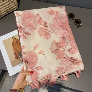 Bohemian cotton linen scarf with pink floral print and tassel fringe for women