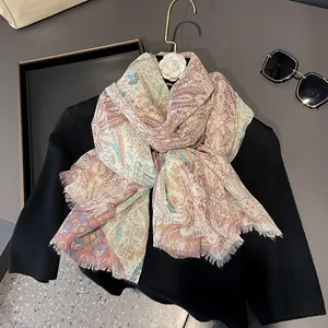Women's Vintage Paisley Floral Print Scarf Bohemian Bali Yarn Shawl With Metallic Thread Tassels For Travel Beach Party