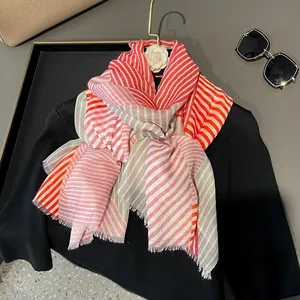 Colorful striped scarf with red and pink patterns, lightweight shawl for women with tassels