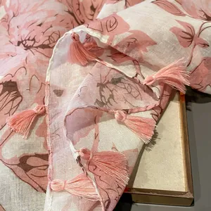 Bohemian pink floral cotton linen scarf with tassel fringe for a vintage ethnic style