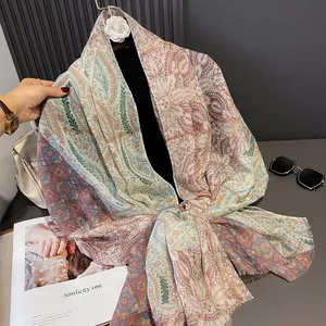 Lightweight floral print summer scarf for women with tassels and metallic gold thread