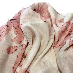 Bohemian floral cotton linen scarf with pink tassels and hand-painted ethnic patterns
