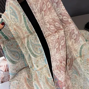 Floral paisley print beach scarf for women with gold thread and lightweight fabric