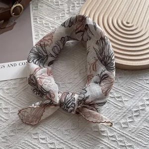 Lightweight cotton linen square scarf with vintage brown floral pattern for women
