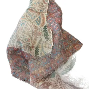 Floral paisley printed silk scarf with gold lurex thread and fringe edges for women