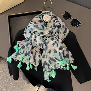 Women Leopard Print Cotton Scarf Lightweight Thin Mint Green Sunscreen Tassel Shawl Vintage Ethnic Wrap Pashmina Fashion Accessory