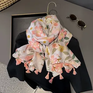 Bohemian Pink Floral Scarf For Women Soft Cotton Sun Protection Beach Shawl With Tassels Summer Vacation Scarf Wrap