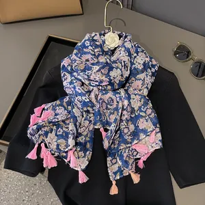 Floral navy blue lightweight scarf with pink tassels and hand-painted flower pattern