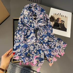 Floral print navy blue summer scarf with pink tassels and hand-painted flowers