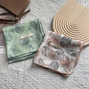 Vintage Floral Print Cotton Linen Square Scarf For Women Lightweight Neck Kerchief Headband With Crochet Lace Edge Wrap