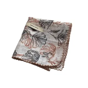 Double-sided floral cotton linen square scarf with delicate crochet lace edge