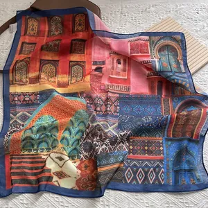 Elegant silk-like square scarf with vintage architectural print and ethnic geometric patterns