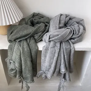 Elegant cotton linen scarf with lace edges in dark green and light grey variants