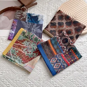 Women Retro Satin Silk Scarf Vintage Floral Print Square Kerchief Elegant Headband Large Fashion Neck Scarf Accessory